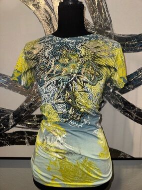 Sinful Yellow and Light Blue Wing Graphic Studded Short Sleeve Tee
